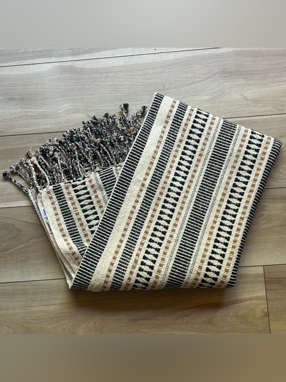 Pier 1 Cotton Blend Throw Blanket Ivory Black Beige Braided Fringe 50 x 60 + 4"
